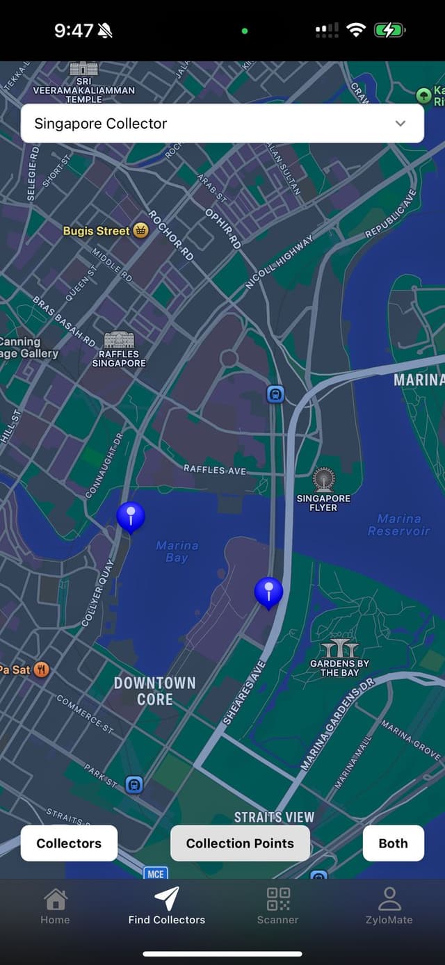 Zylobin app map view showing nearby drop-off collection points
