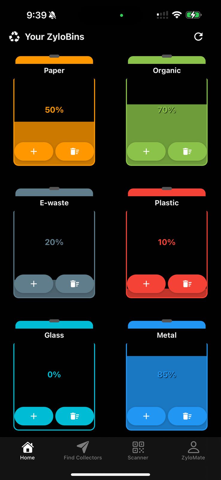 Zylobin mobile app interface showing digital waste bin categories